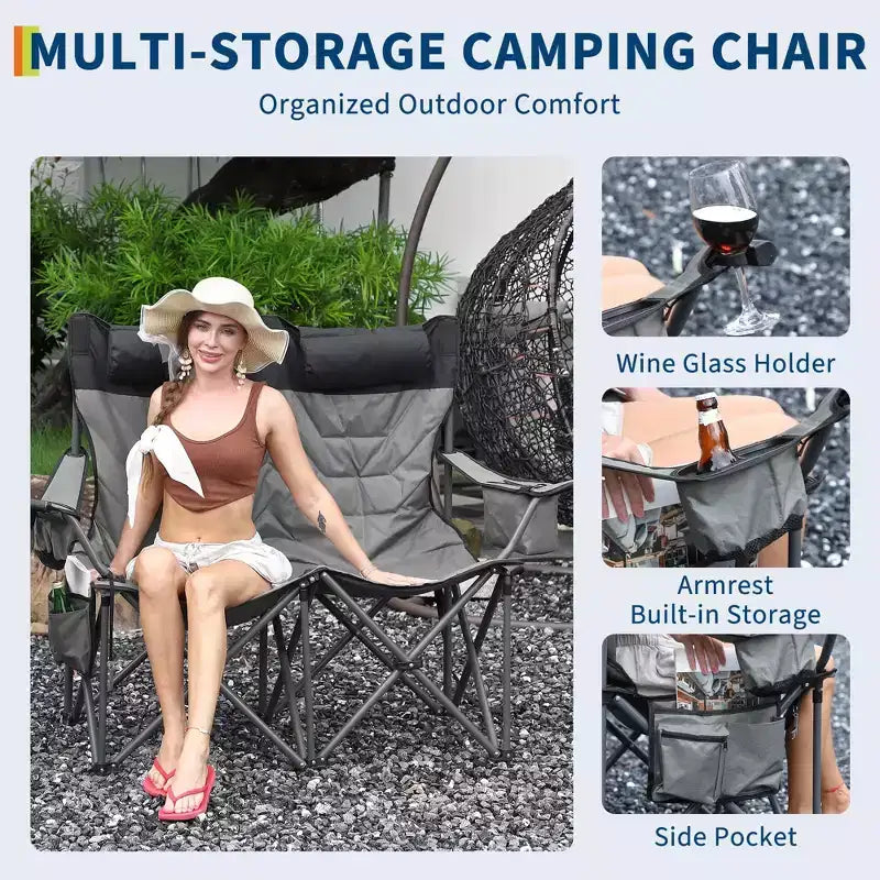 Chaise de camping 2 places pour adultes, pliable et robuste, causeuse d'extérieur, avec dossier haut, assise rembourrée, appuie-tête, pochette isotherme, porte-gobelets, capacité de 317 kg
