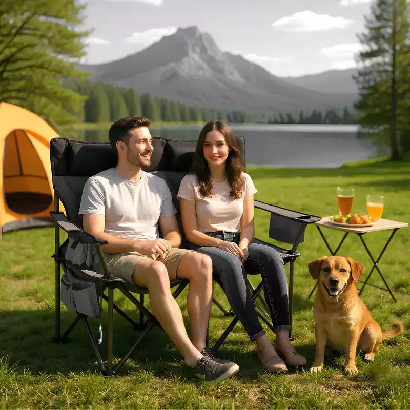 Chaise de camping 2 places pour adultes, pliable et robuste, causeuse d'extérieur, avec dossier haut, assise rembourrée, appuie-tête, pochette isotherme, porte-gobelets, capacité de 317 kg
