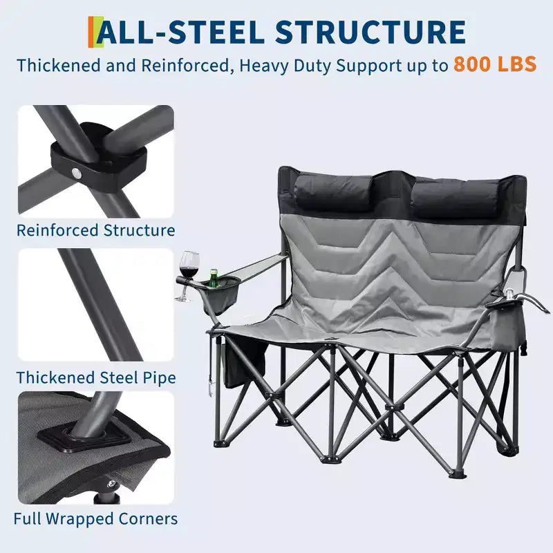 Chaise de camping 2 places pour adultes, pliable et robuste, causeuse d'extérieur, avec dossier haut, assise rembourrée, appuie-tête, pochette isotherme, porte-gobelets, capacité de 317 kg
