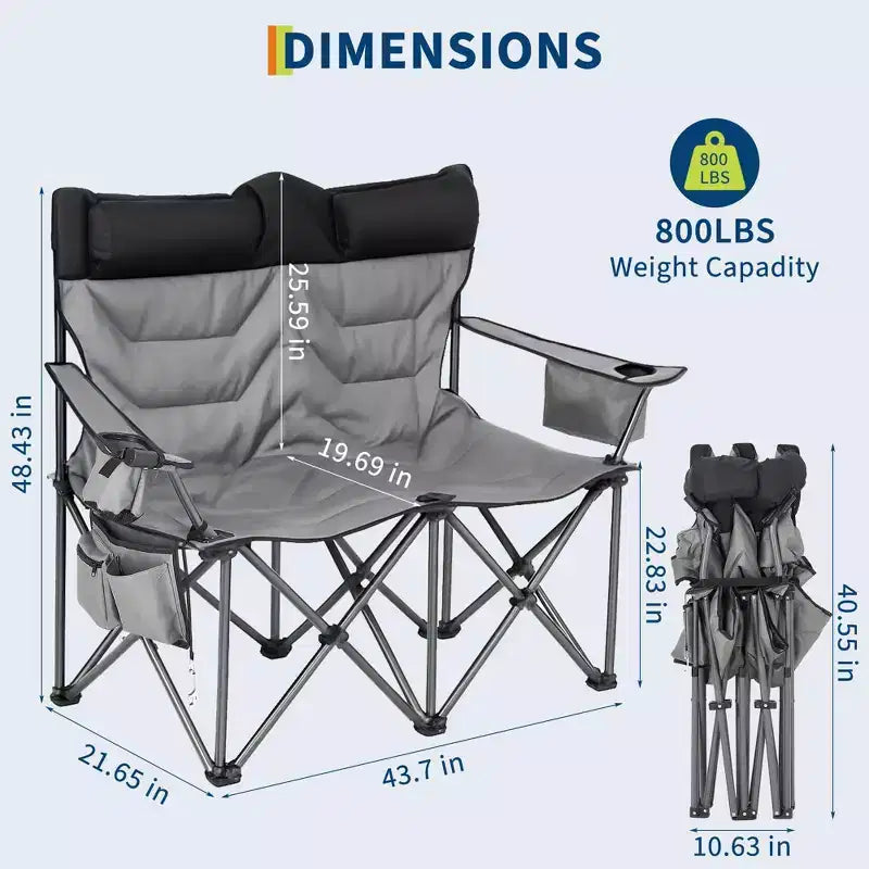 Chaise de camping 2 places pour adultes, pliable et robuste, causeuse d'extérieur, avec dossier haut, assise rembourrée, appuie-tête, pochette isotherme, porte-gobelets, capacité de 317 kg