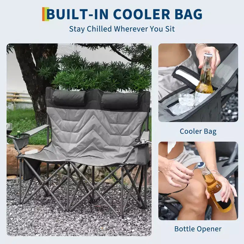 Chaise de camping 2 places pour adultes, pliable et robuste, causeuse d'extérieur, avec dossier haut, assise rembourrée, appuie-tête, pochette isotherme, porte-gobelets, capacité de 317 kg