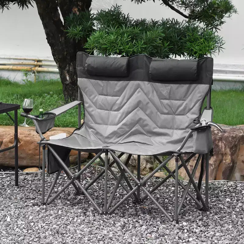 Chaise de camping 2 places pour adultes, pliable et robuste, causeuse d'extérieur, avec dossier haut, assise rembourrée, appuie-tête, pochette isotherme, porte-gobelets, capacité de 317 kg