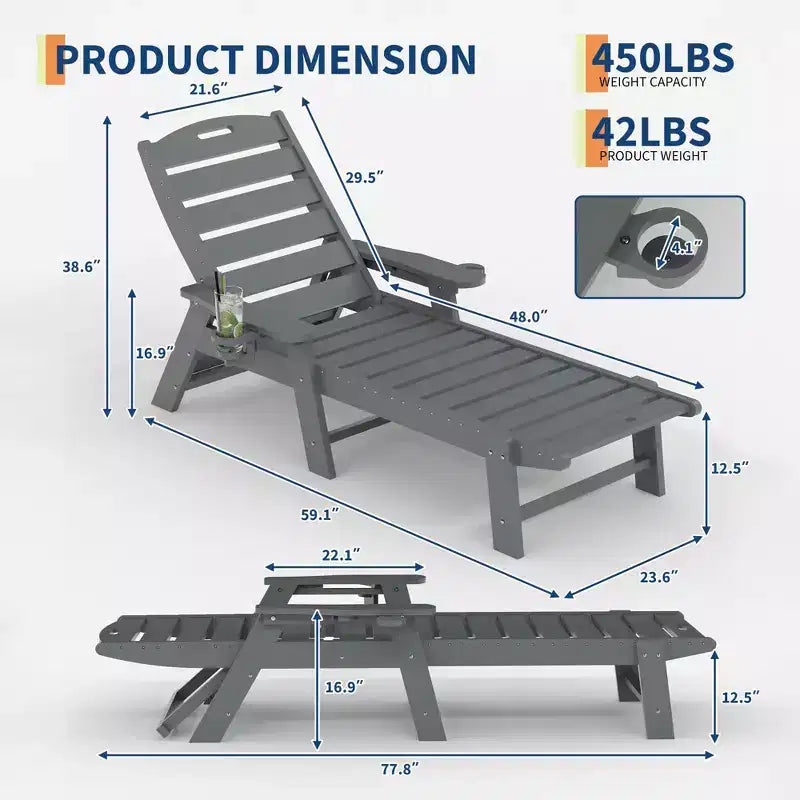 Chaises longues pliantes en PEHD durable, lot de 2, inclinables sur 5 positions avec porte-gobelet, résistantes aux intempéries pour terrasse, piscine, jardin, balcon