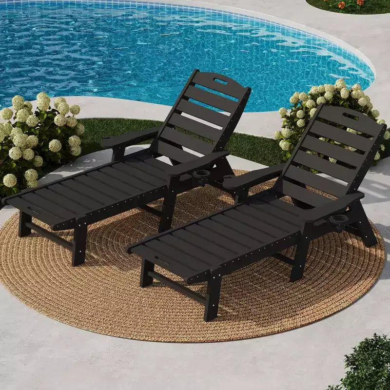 Chaises longues pliantes en PEHD durable, lot de 2, inclinables sur 5 positions avec porte-gobelet, résistantes aux intempéries pour terrasse, piscine, jardin, balcon