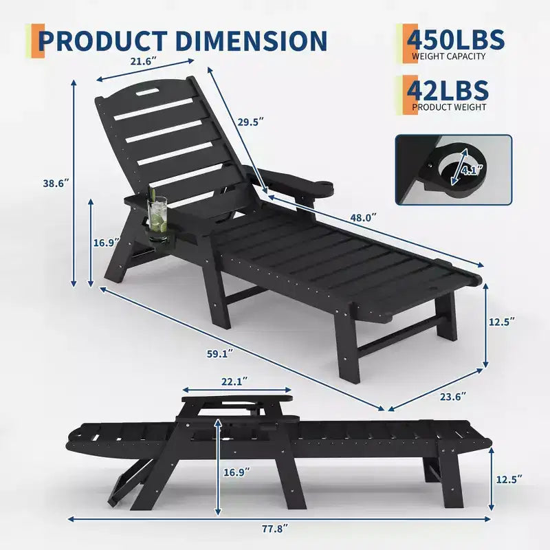 Chaises longues pliantes en PEHD durable, lot de 2, inclinables sur 5 positions avec porte-gobelet, résistantes aux intempéries pour terrasse, piscine, jardin, balcon