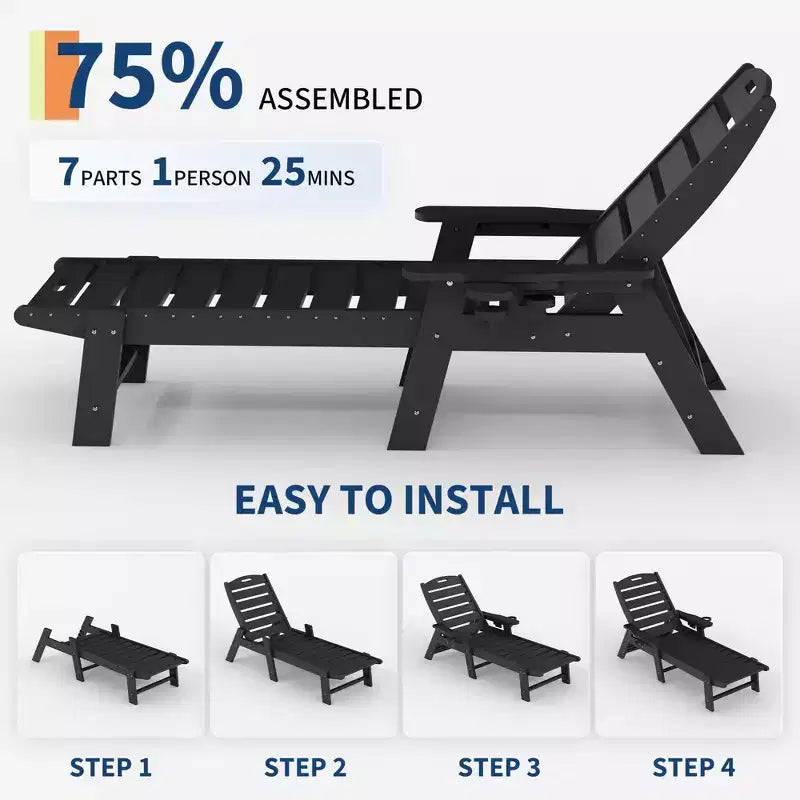 Chaises longues pliantes en PEHD durable, lot de 2, inclinables sur 5 positions avec porte-gobelet, résistantes aux intempéries pour terrasse, piscine, jardin, balcon