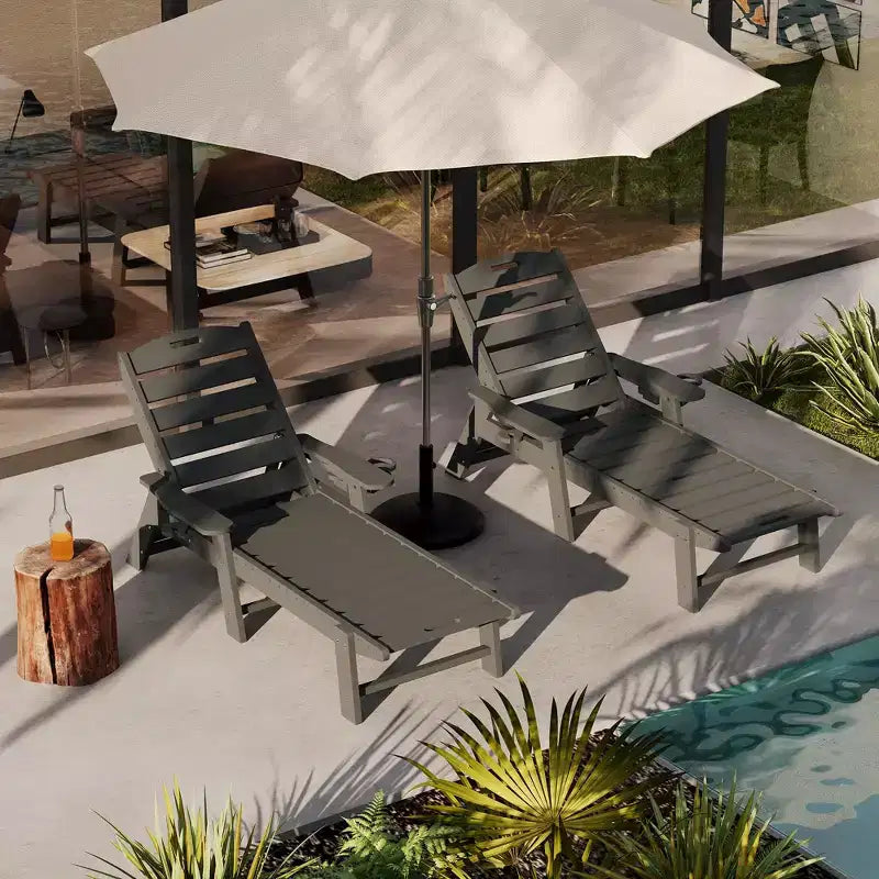 Chaises longues pliantes en PEHD durable, lot de 2, inclinables sur 5 positions avec porte-gobelet, résistantes aux intempéries pour terrasse, piscine, jardin, balcon
