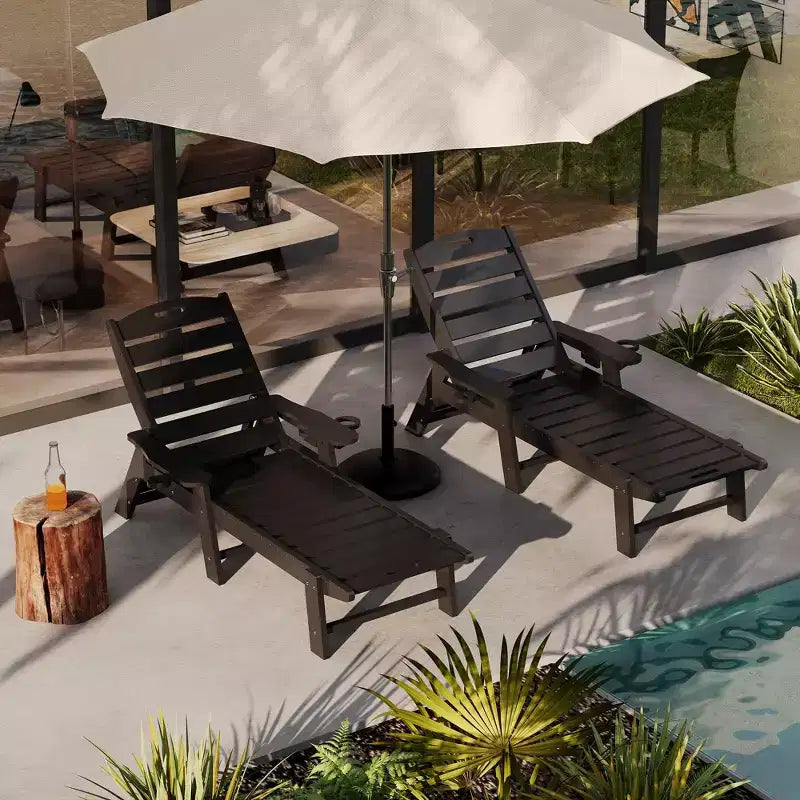 Durable HDPE Folding Chaise Lounge Chairs, 2-Pack5 Position Adjustable Recliner with Cup Holder Weather-Resistant for Deck, Poolside, Garden, Balcony