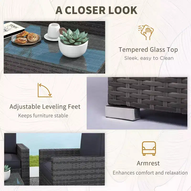 Ensemble de canapés en rotin 4 pièces, ensemble de canapés de patio en osier avec causeuse, chaises et table basse en verre pour jardin extérieur