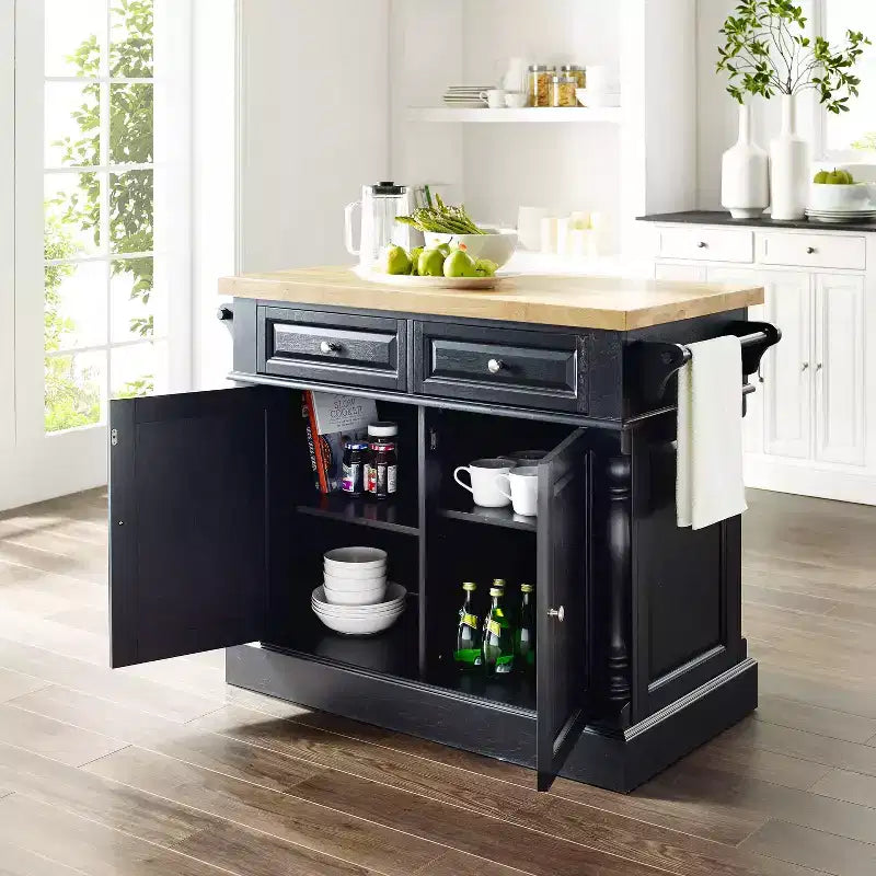 Butcher Block Kitchen Island Black Traditional MDF Frame Wood Surface 2 Doors 4 Drawers 4 Shelves