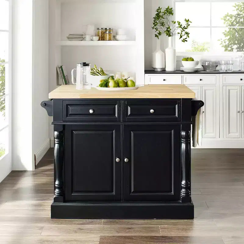 Butcher Block Kitchen Island Black Traditional MDF Frame Wood Surface 2 Doors 4 Drawers 4 Shelves