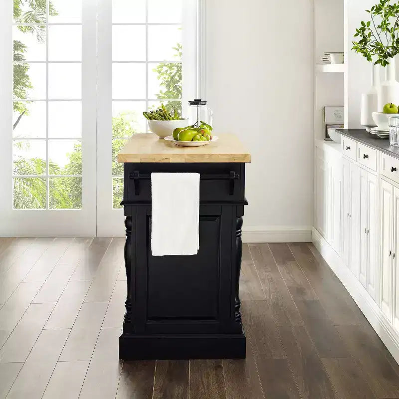 Butcher Block Kitchen Island Black Traditional MDF Frame Wood Surface 2 Doors 4 Drawers 4 Shelves