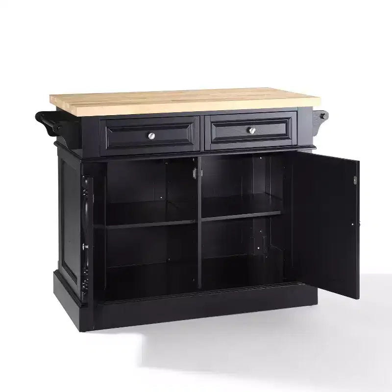 Butcher Block Kitchen Island Black Traditional MDF Frame Wood Surface 2 Doors 4 Drawers 4 Shelves