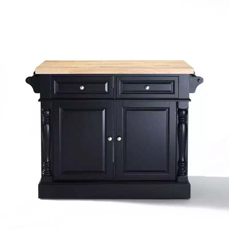 Butcher Block Kitchen Island Black Traditional MDF Frame Wood Surface 2 Doors 4 Drawers 4 Shelves