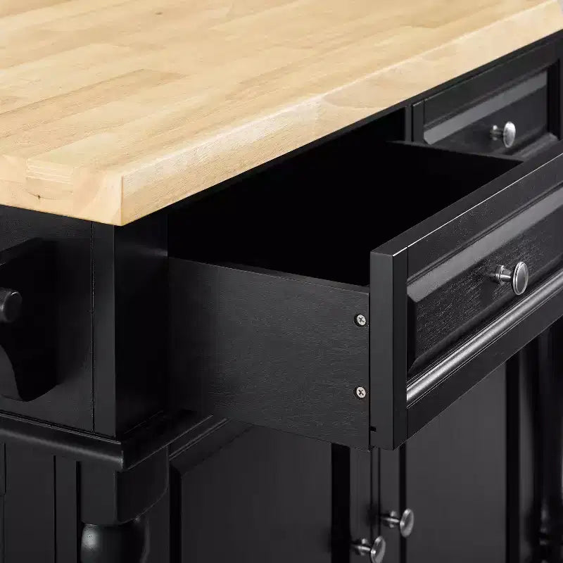 Butcher Block Kitchen Island Black Traditional MDF Frame Wood Surface 2 Doors 4 Drawers 4 Shelves