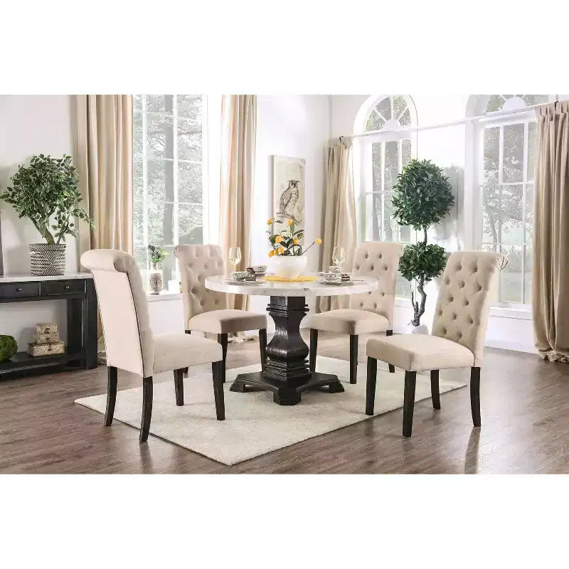 48" Round Genuine Marble Top Dining Table White/Black Elegant Pedestal Base Seats 4