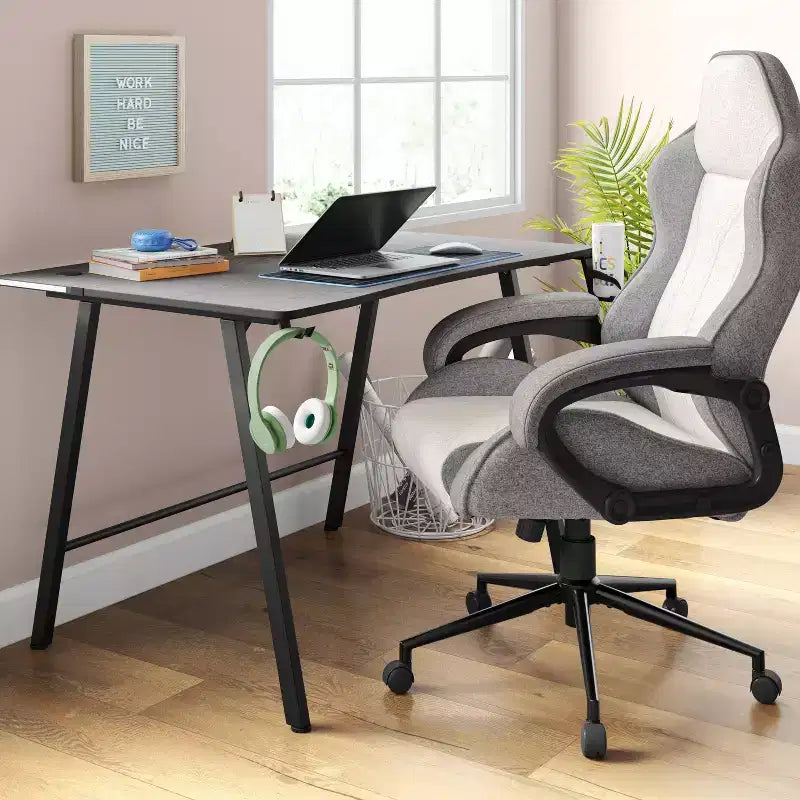 Swivel Gaming Chair Gray Upholstered Computer Desk Chair Adjustable Fixed Arms
