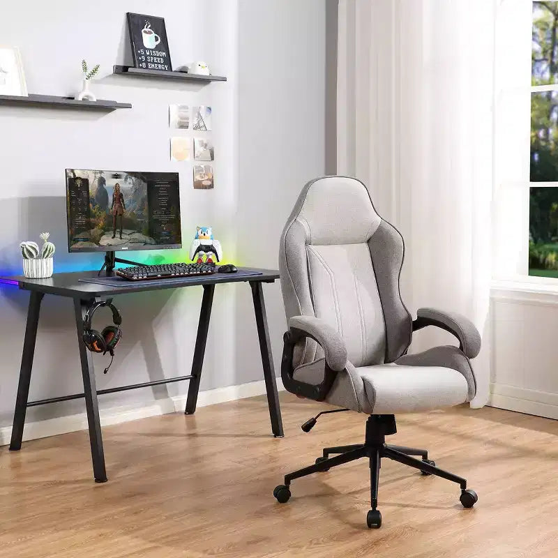 Swivel Gaming Chair Gray Upholstered Computer Desk Chair Adjustable Fixed Arms