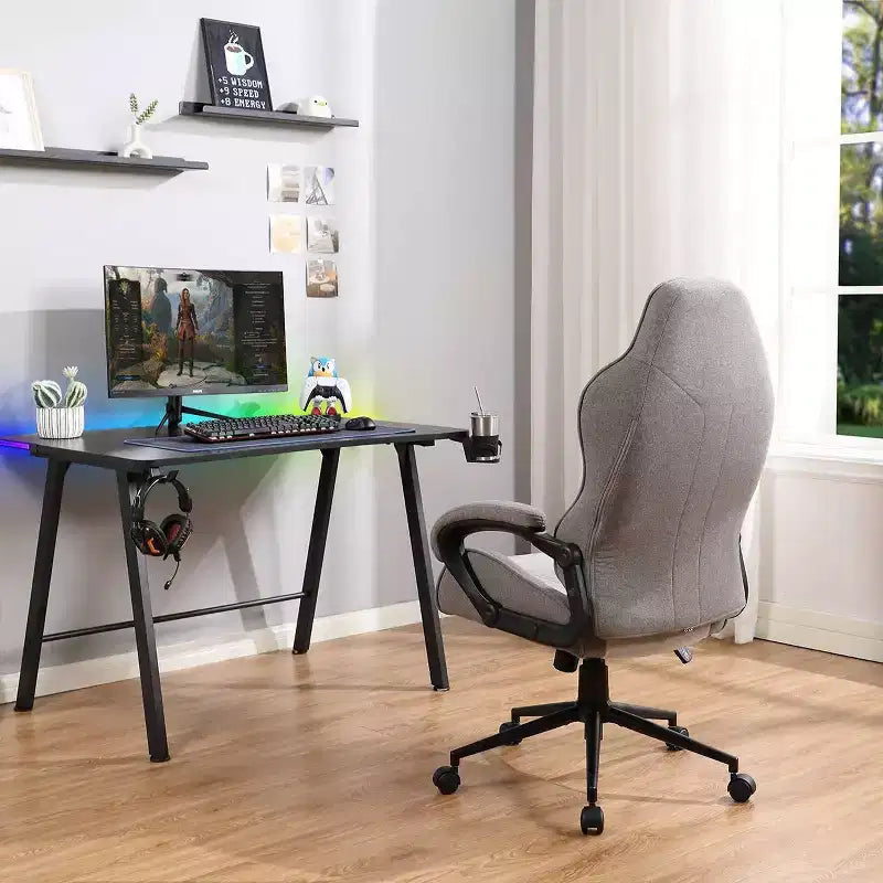 Swivel Gaming Chair Gray Upholstered Computer Desk Chair Adjustable Fixed Arms