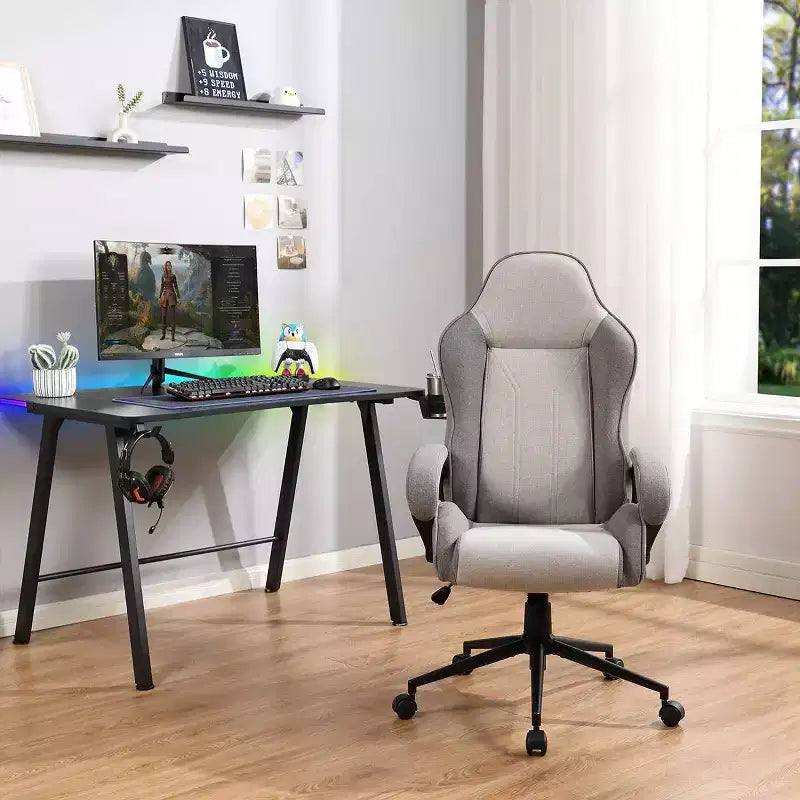 Swivel Gaming Chair Gray Upholstered Computer Desk Chair Adjustable Fixed Arms