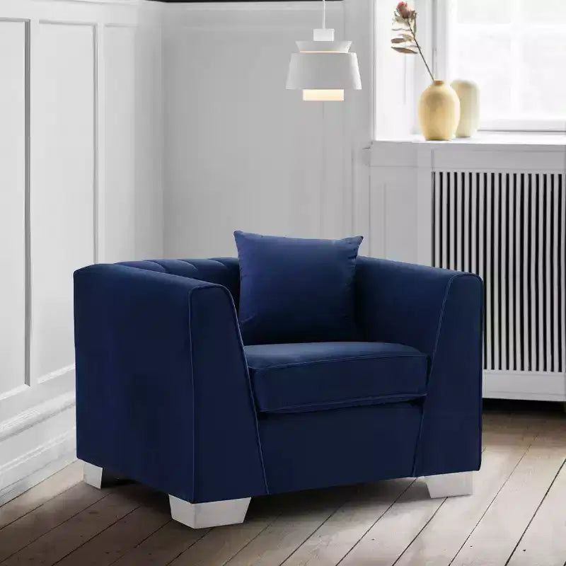 Contemporary Accent Chair Steel/Blue Velvet Upholstered No Assembly Foam Filled