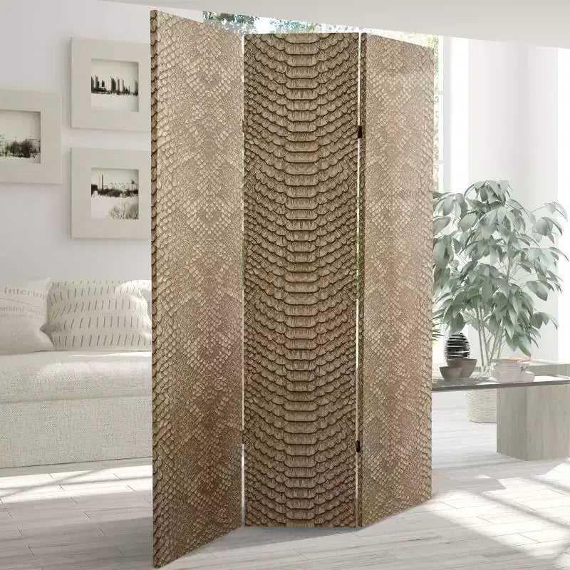 6ft Double Sided Snake Print Canvas Room Divider Tan No Assembly 3 Panels