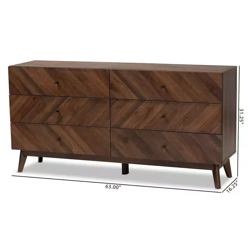 6-Drawer Dresser Walnut Brown Mid-Century Modern 63"W x 31"H