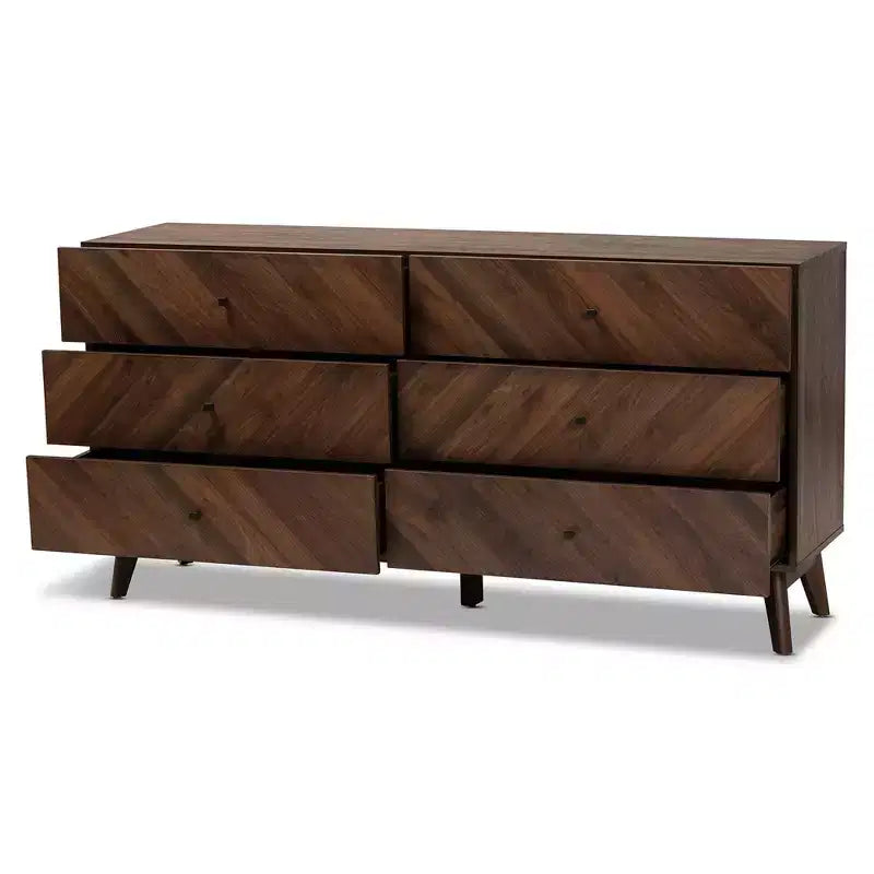 6-Drawer Dresser Walnut Brown Mid-Century Modern 63"W x 31"H