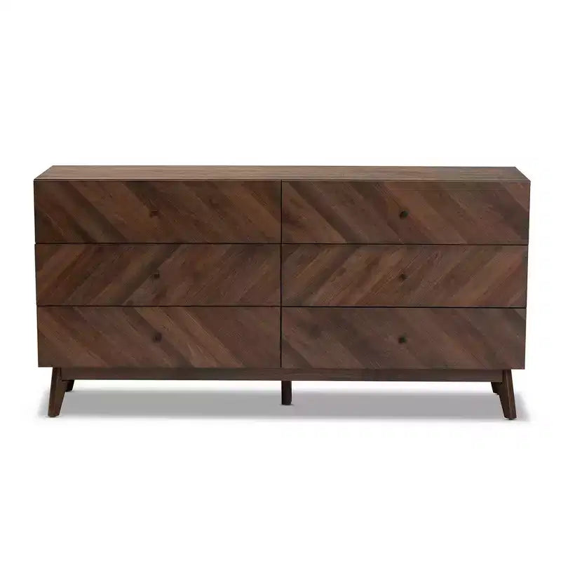 6-Drawer Dresser Walnut Brown Mid-Century Modern 63"W x 31"H