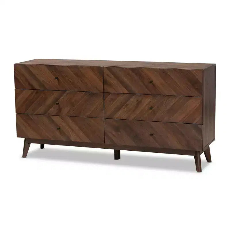 6-Drawer Dresser Walnut Brown Mid-Century Modern 63"W x 31"H