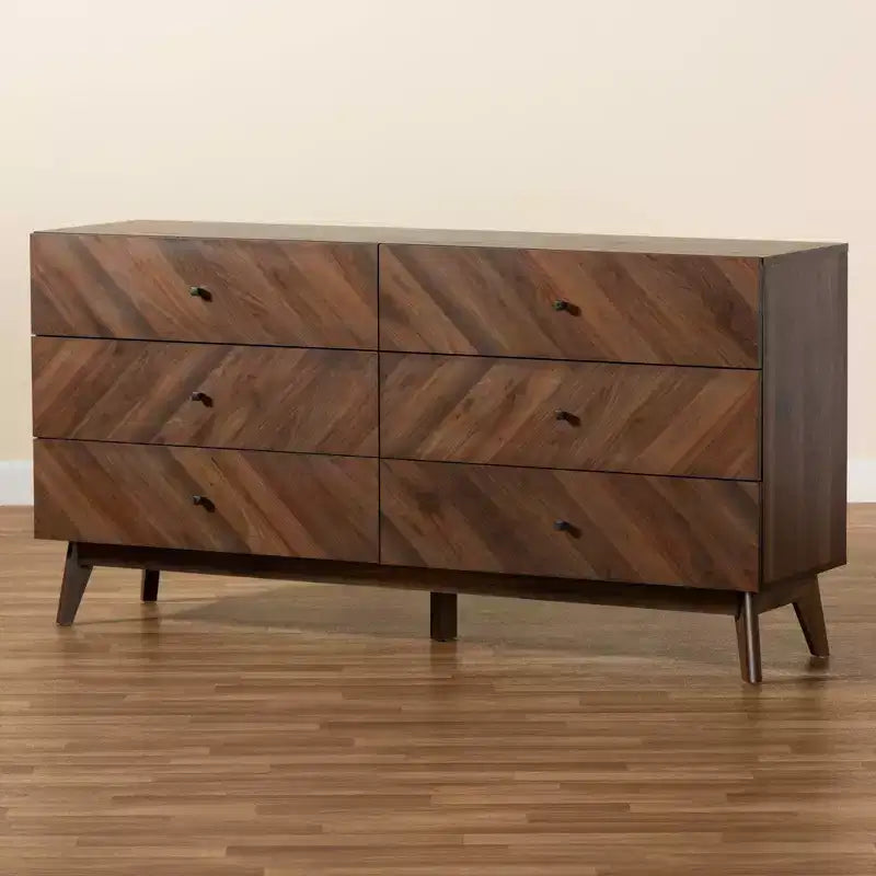 6-Drawer Dresser Walnut Brown Mid-Century Modern 63"W x 31"H
