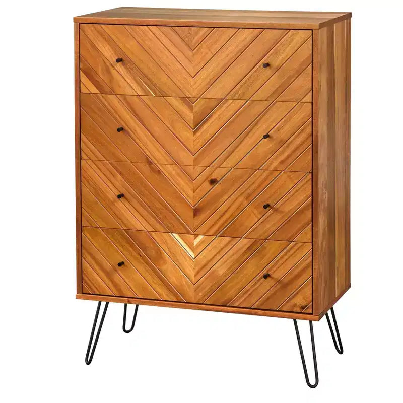 4-Drawer Chest Oak Chevron Acacia Veneer Hairpin Legs 47.3" High