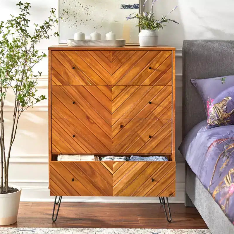 4-Drawer Chest Oak Chevron Acacia Veneer Hairpin Legs 47.3" High