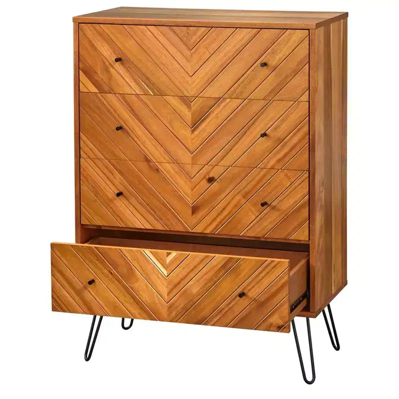 4-Drawer Chest Oak Chevron Acacia Veneer Hairpin Legs 47.3" High