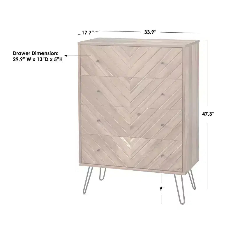 4-Drawer Chest Oak Chevron Acacia Veneer Hairpin Legs 47.3" High