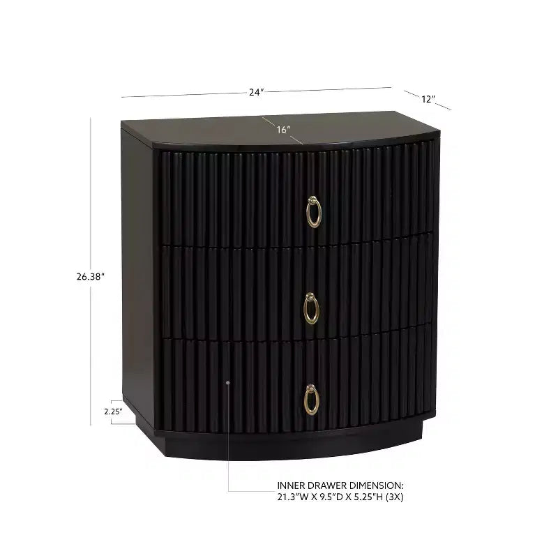3-Drawer Nightstand Black Lacquer Gold Hardware