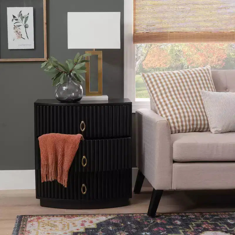 3-Drawer Nightstand Black Lacquer Gold Hardware