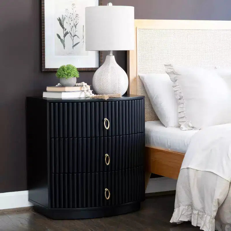 3-Drawer Nightstand Black Lacquer Gold Hardware