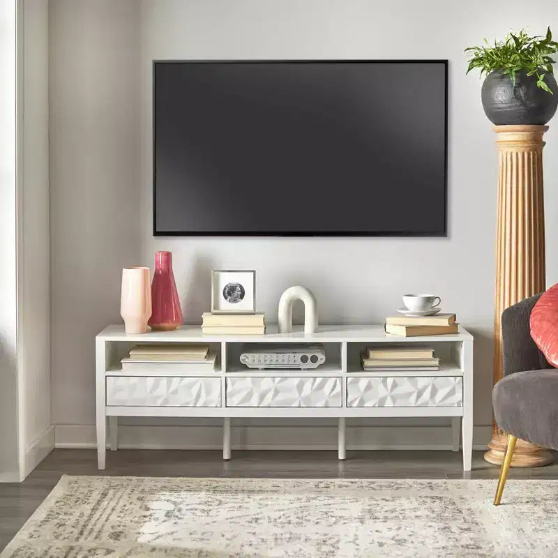 Modern TV Stand for TVs up to 60" White 3 Drawers 3 Shelves