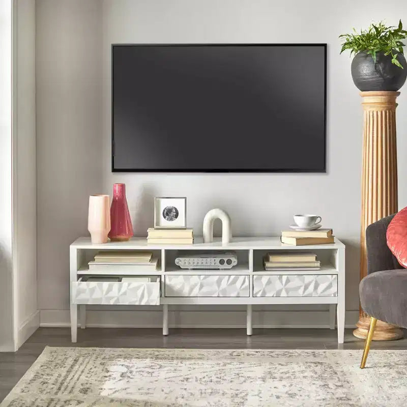 Modern TV Stand for TVs up to 60" White 3 Drawers 3 Shelves