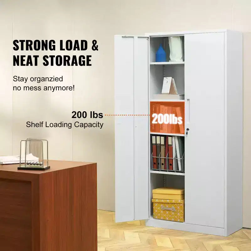 Armoire de rangement en métal VEVOR, armoire de rangement en acier verrouillable avec 2 portes magnétiques et 4 étagères réglables, armoire métallique de 71'' de capacité 200 lbs, blanche