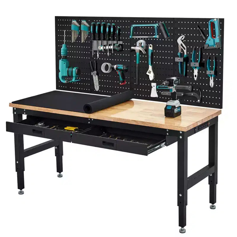 Établi de 152 cm, table de travail avec plateau en bois d'hévéa, 2 tiroirs et panneau perforé, établi robuste réglable en hauteur de 1360 kg avec prises de courant