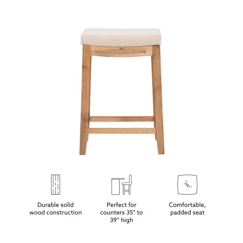 Counter Height Barstool Rustic Brown Natural Linen Upholstered Backless