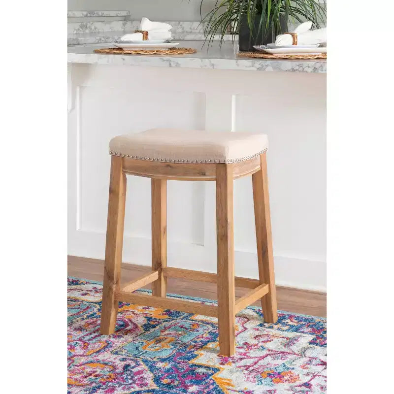 Counter Height Barstool Rustic Brown Natural Linen Upholstered Backless