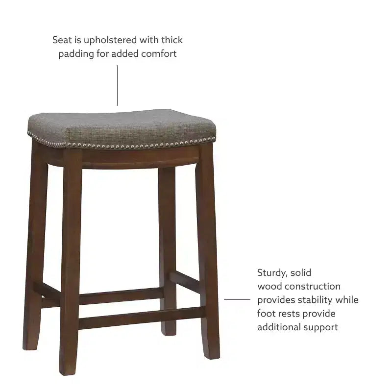 Counter Height Barstool Rustic Brown Natural Linen Upholstered Backless