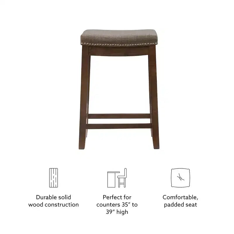 Counter Height Barstool Rustic Brown Natural Linen Upholstered Backless