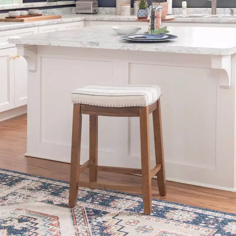 Counter Height Barstool Rustic Brown Natural Linen Upholstered Backless