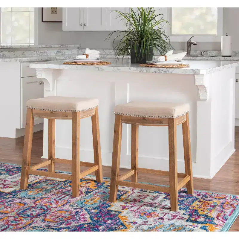 Counter Height Barstool Rustic Brown Natural Linen Upholstered Backless