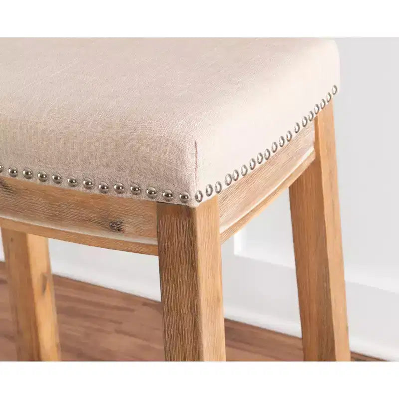 Counter Height Barstool Rustic Brown Natural Linen Upholstered Backless