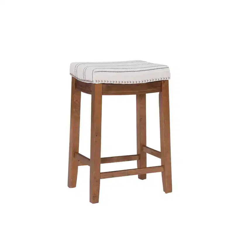 Counter Height Barstool Rustic Brown Natural Linen Upholstered Backless